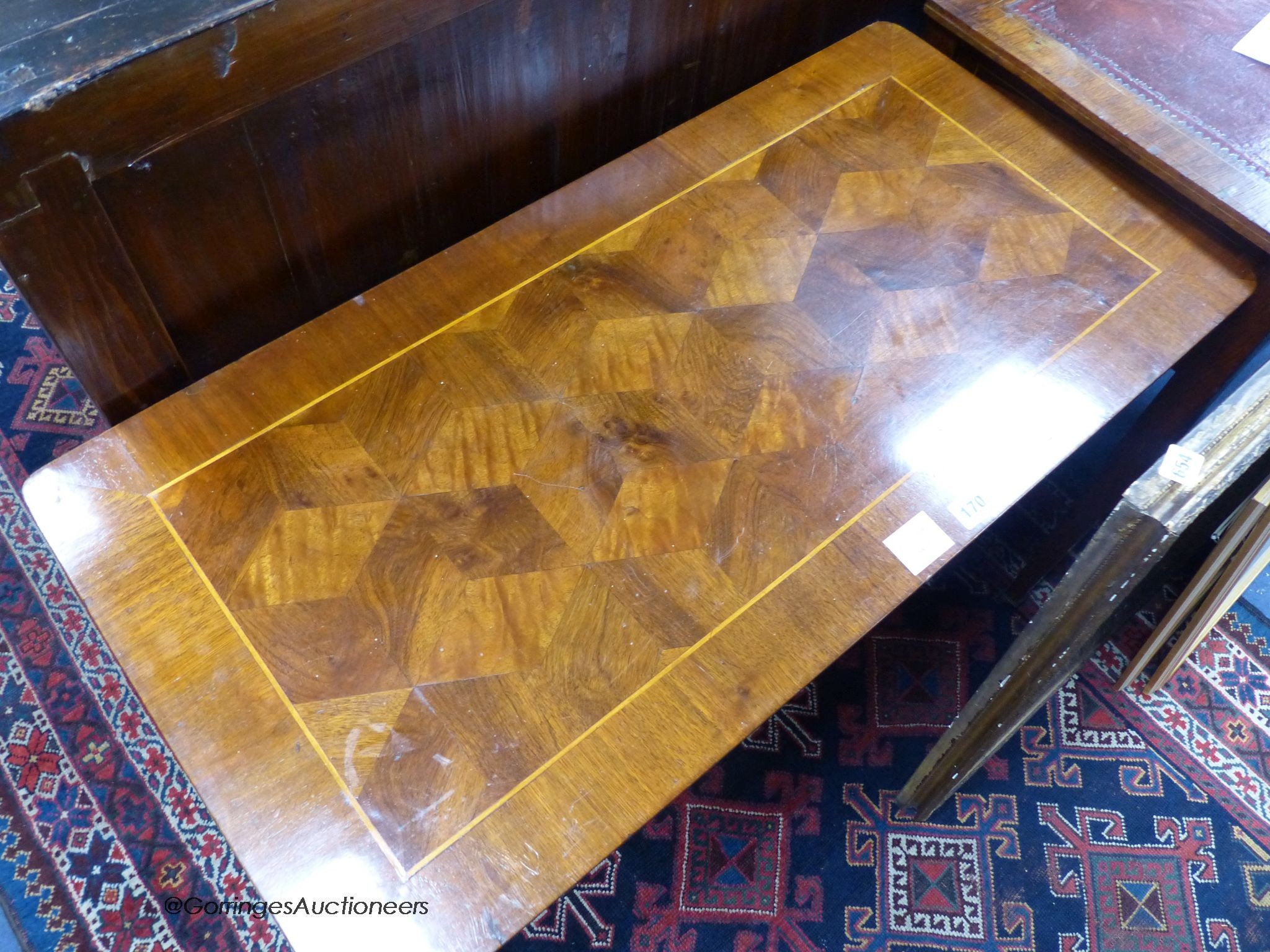 A Victorian walnut parquetry topped centre table, width 89cm, depth 44cm, height 67cm